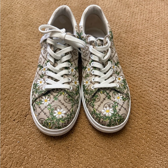 Tory Burch Shoes - Tory Burch Beige Canvas Floral Lace-Up Sneakers with Green Vines